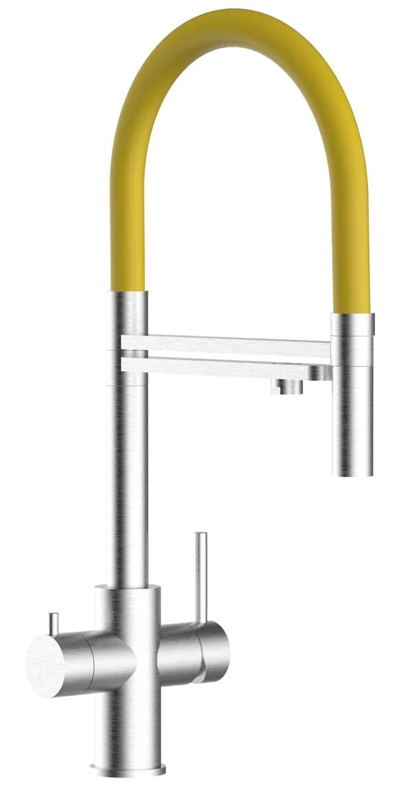Robinet 5 voies acier brossé douchette mobile 2 jets jaune