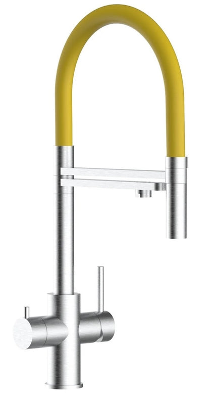 Robinet 5 voies acier brossé douchette mobile 2 jets jaune