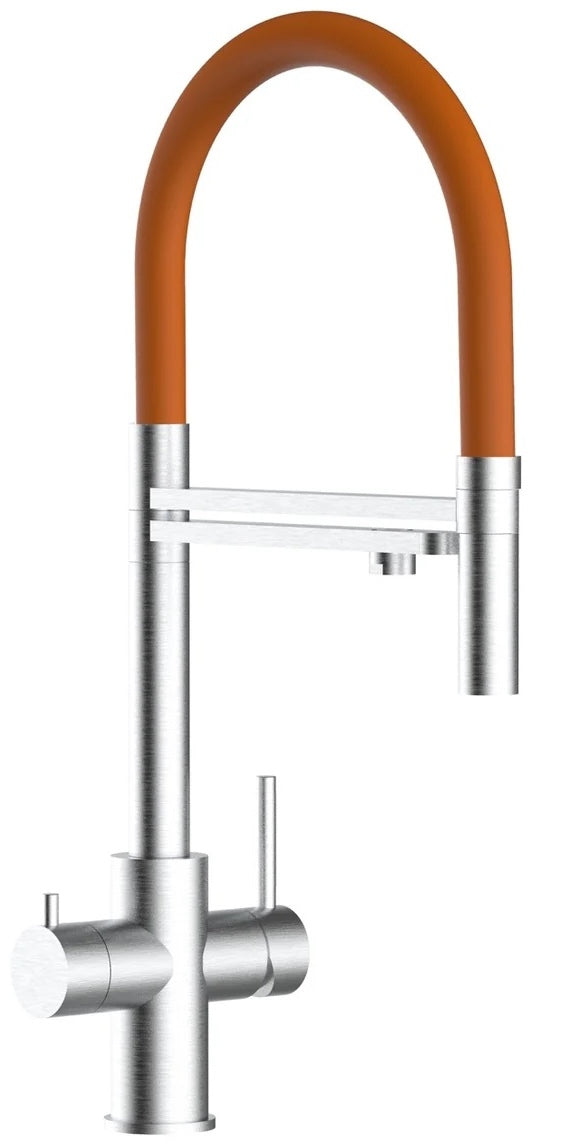 Robinet 5 voies acier brossé douchette mobile 2 jets orange
