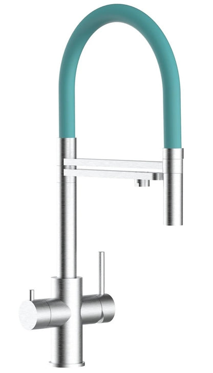 Robinet 5 voies acier brossé douchette mobile 2 jets turquoise