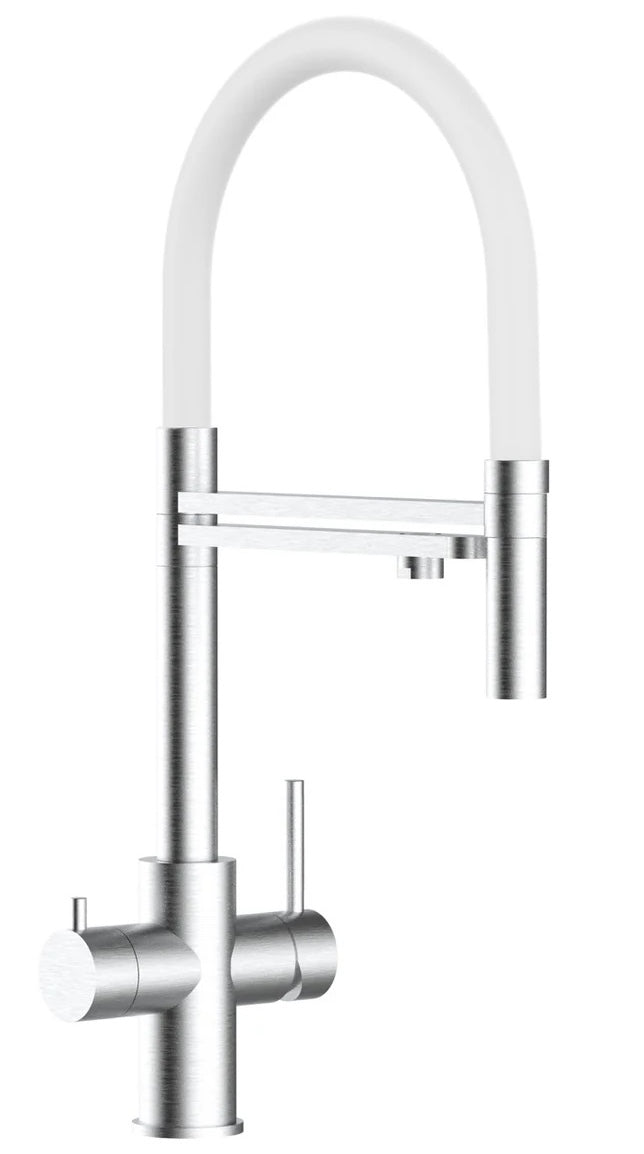 Robinet 5 voies acier brossé douchette mobile 2 jets blanche