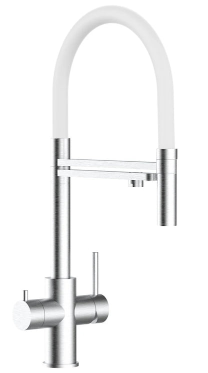 Robinet 5 voies acier brossé douchette mobile 2 jets blanche