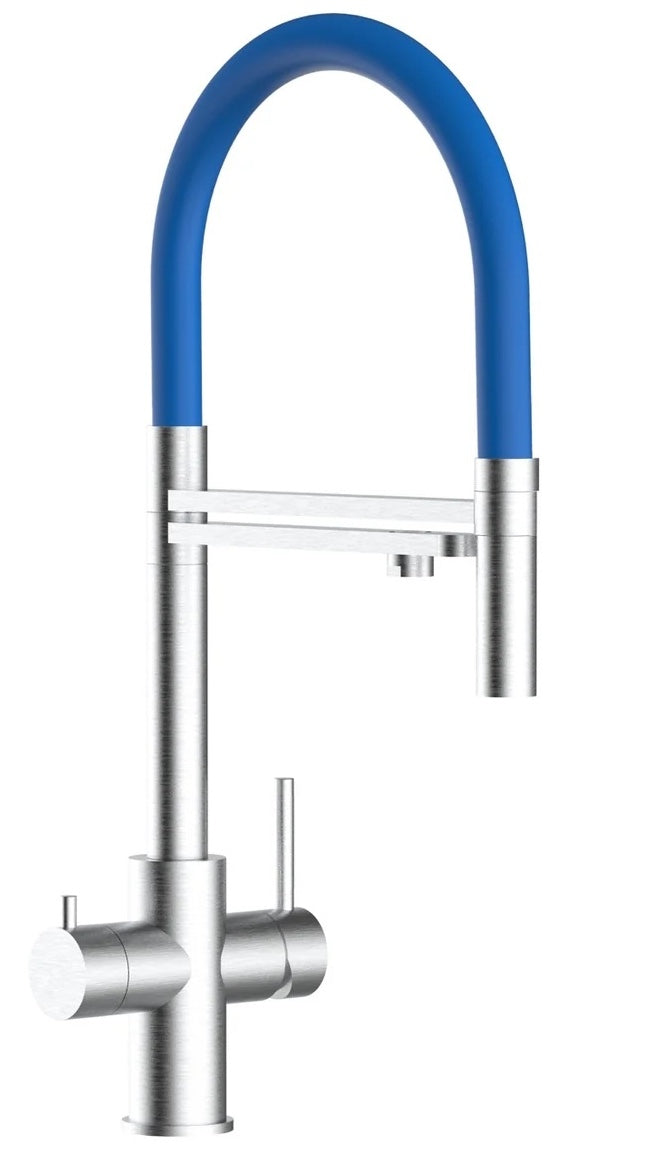 Robinet 5 voies acier brossé douchette mobile 2 jets bleue