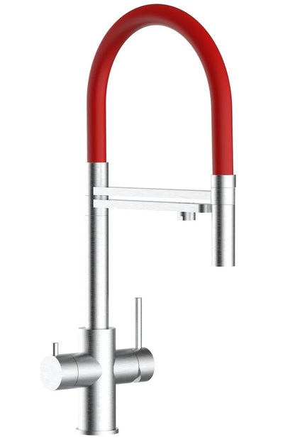 Robinet 5 voies acier brossé douchette mobile 2 jets rouge