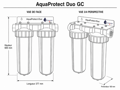 Encombrement de l'AquaProtect-Duo Grande Capacité de filtration et de traitement du calcaire
