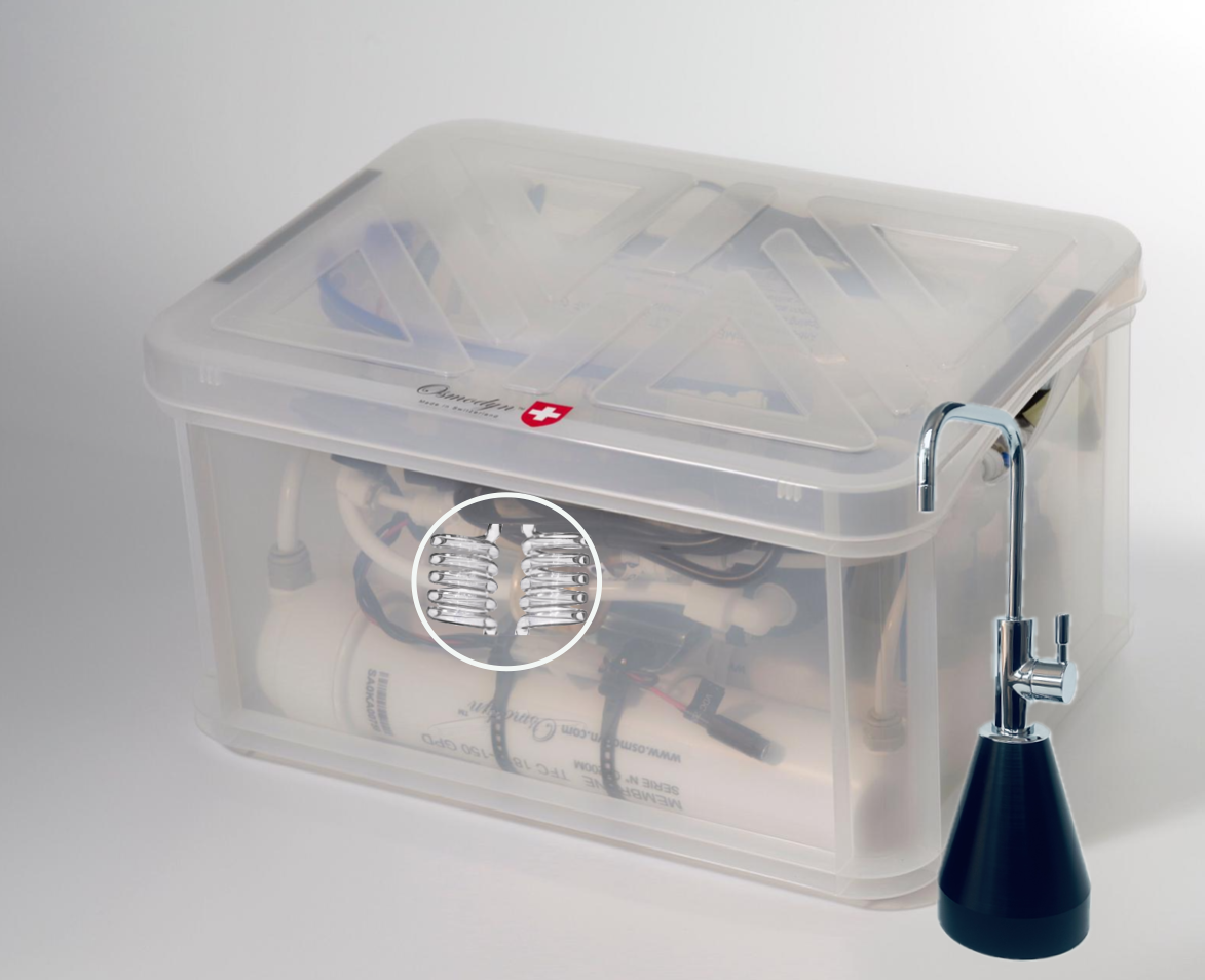 Kit osmoseur Premium Elixir Osmodyn avec robinet 1 voie mobile sans perçage, aspect chromé, support élliptique, double vortex verre et débit direct