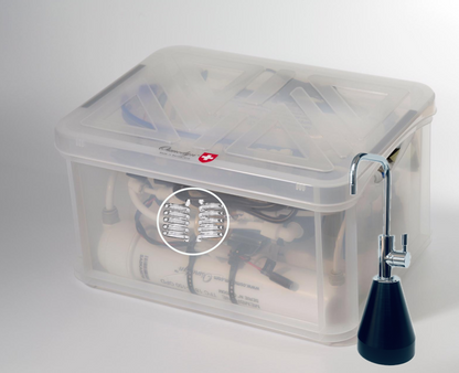 Kit osmoseur Premium Elixir Osmodyn avec robinet 1 voie mobile sans perçage, aspect chromé, support élliptique, double vortex verre et débit direct