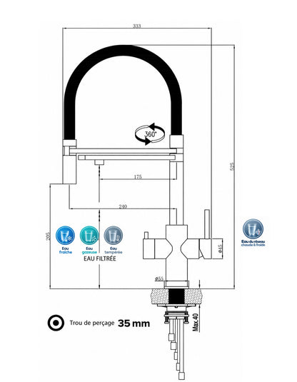 Dimensions du robinet 5 voies aspect métal brossé