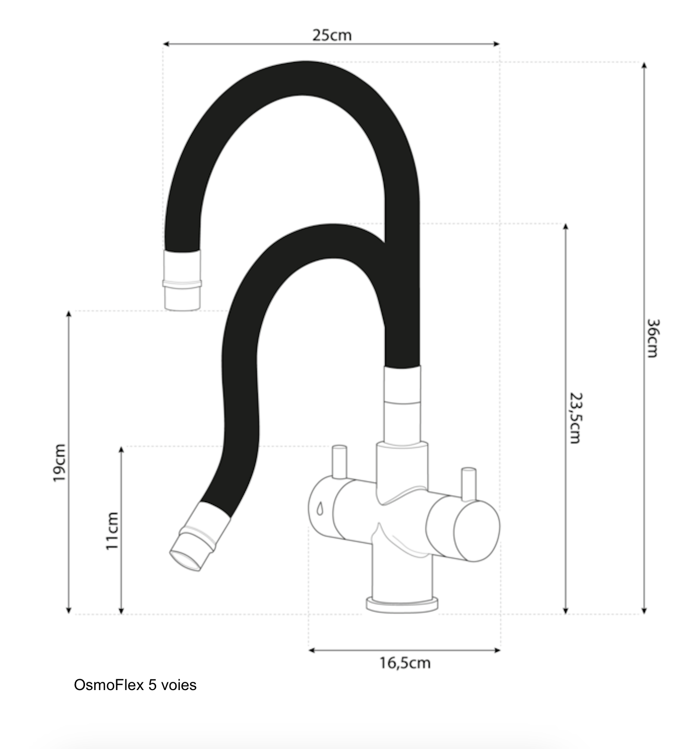 Dimensions du robinet 5 voies OsmoFlex avec douchette flexible