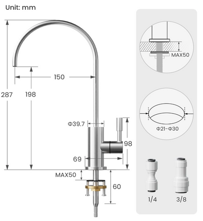 Encombrement et dimensions robinet 1 voie Gunmetal pour  eau osmosée Osmodyn