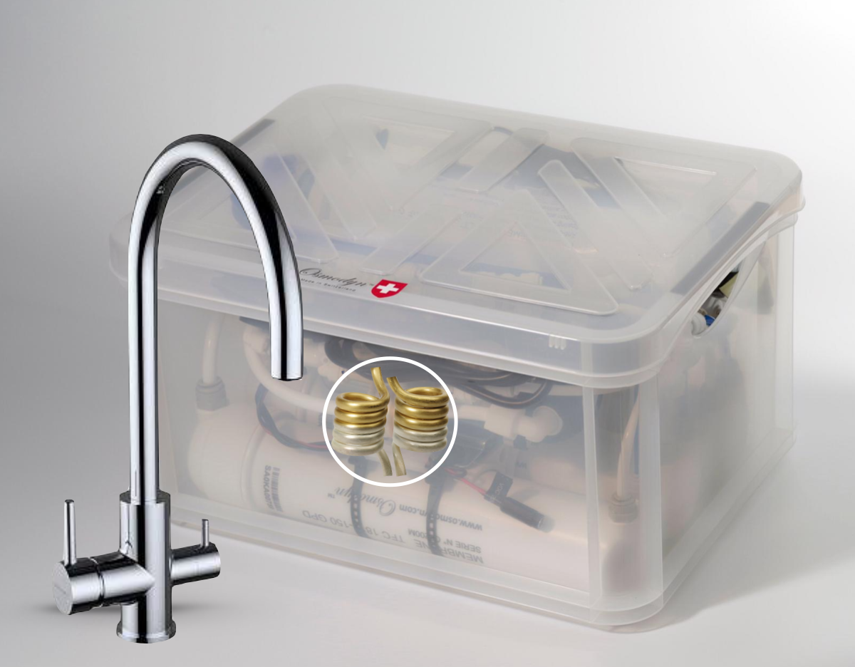 Osmoseur Premium AIO double vortex Cuivre Or Argent, robinet col de cygne metal free chromé