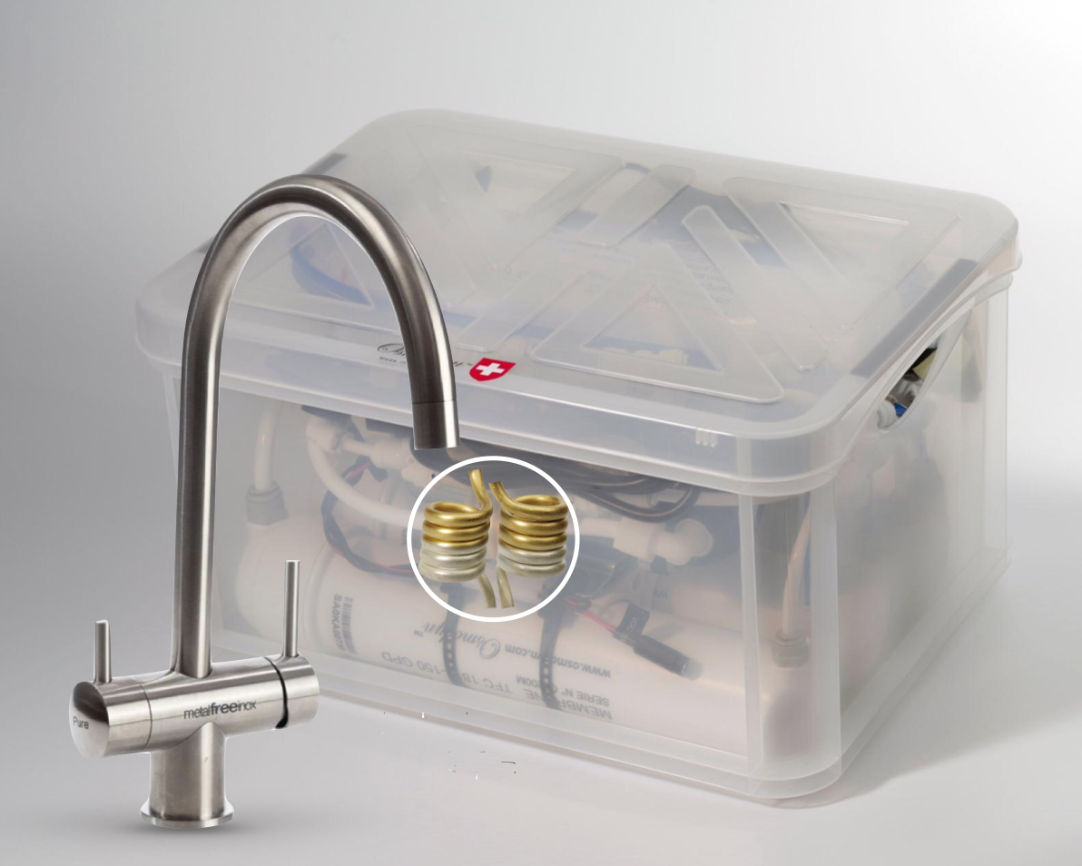 Osmoseur Premium AIO double vortex Cuivre Or Argent, robinet col de cygne metal free, aspect mat