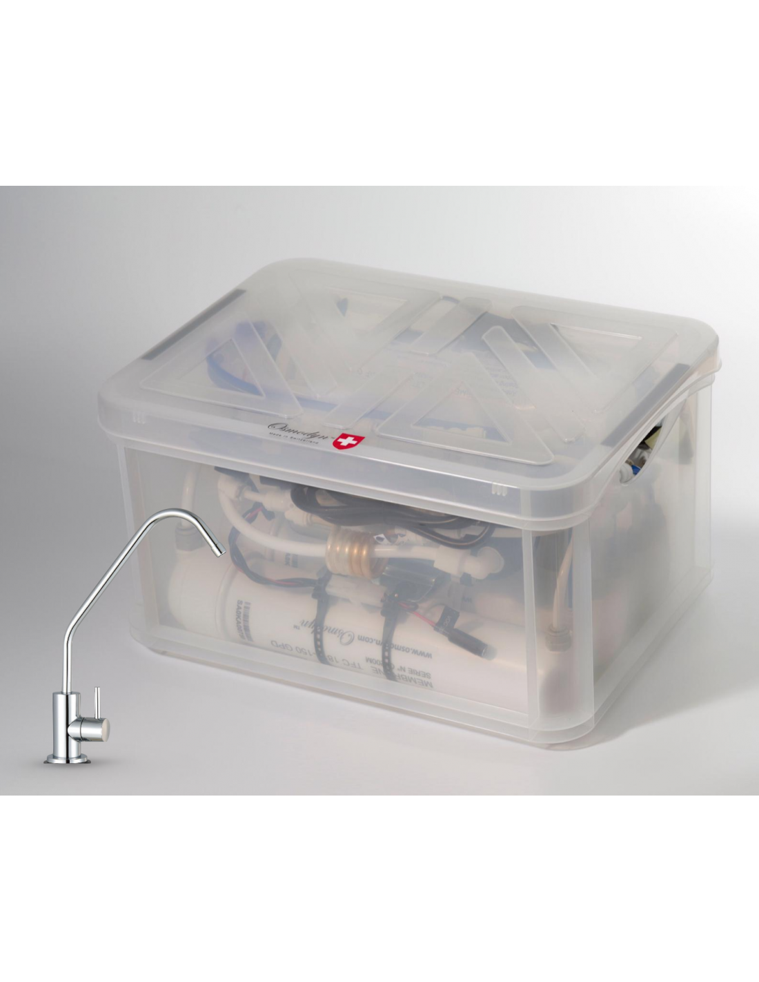 Kit Osmoseur Premium AIO, double vortex Cuivre Or Argent, débit direct avec robinet 1 voie metal free chromé