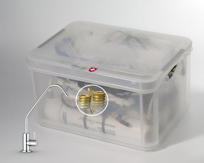 Kit osmoseur Premium AIO Osmodyn avec robinet 1 voie small, aspect chromé, double vortex cuivre  or argent et débit direct