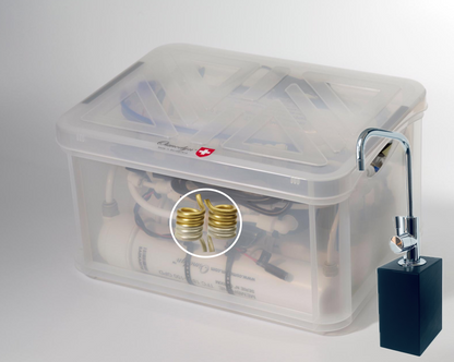 Kit osmoseur Premium AIO Osmodyn avec robinet 1 voie mobile sans perçage, aspect chromé, support quadrangulaire  double vortex cuivre  or argent et débit direct