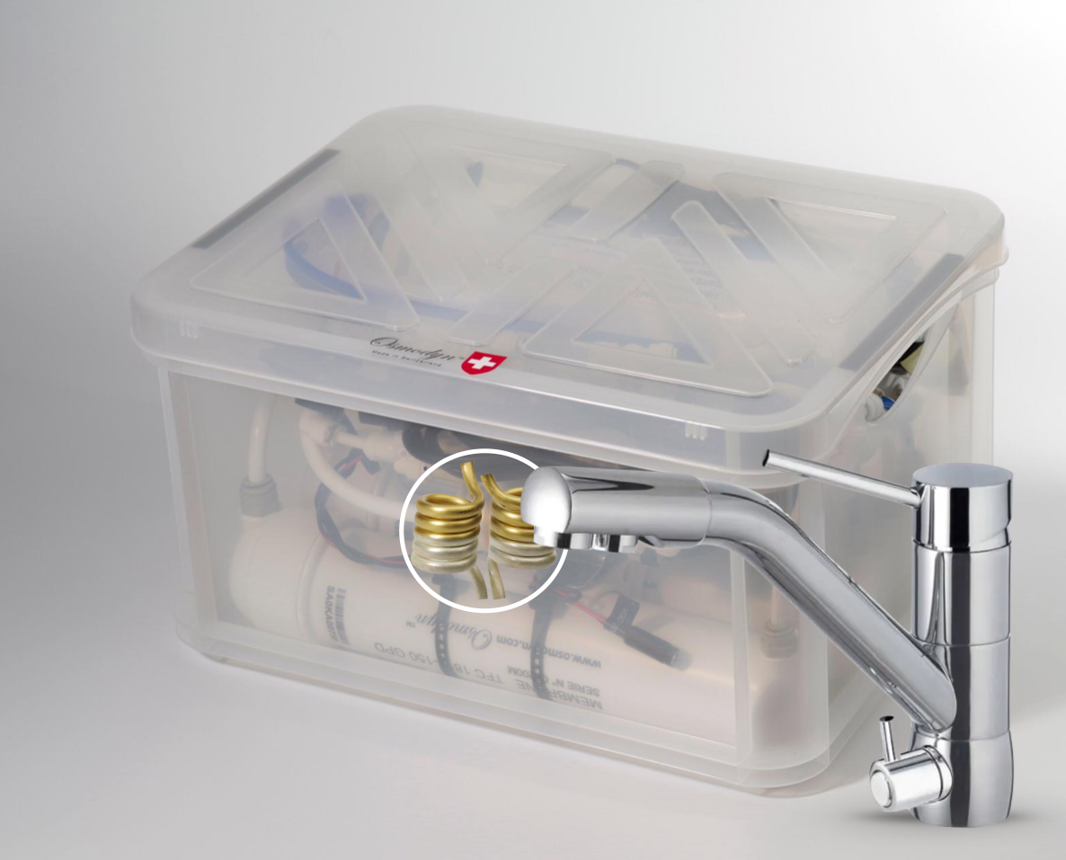 Kit osmoseur Premium AIO Osmodyn avec robinet 3 voies bas, aspect chromé, double vortex cuivre  or argent et débit direct