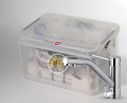 Kit osmoseur Premium AIO Osmodyn avec robinet 3 voies bas, aspect chromé, double vortex cuivre  or argent et débit direct