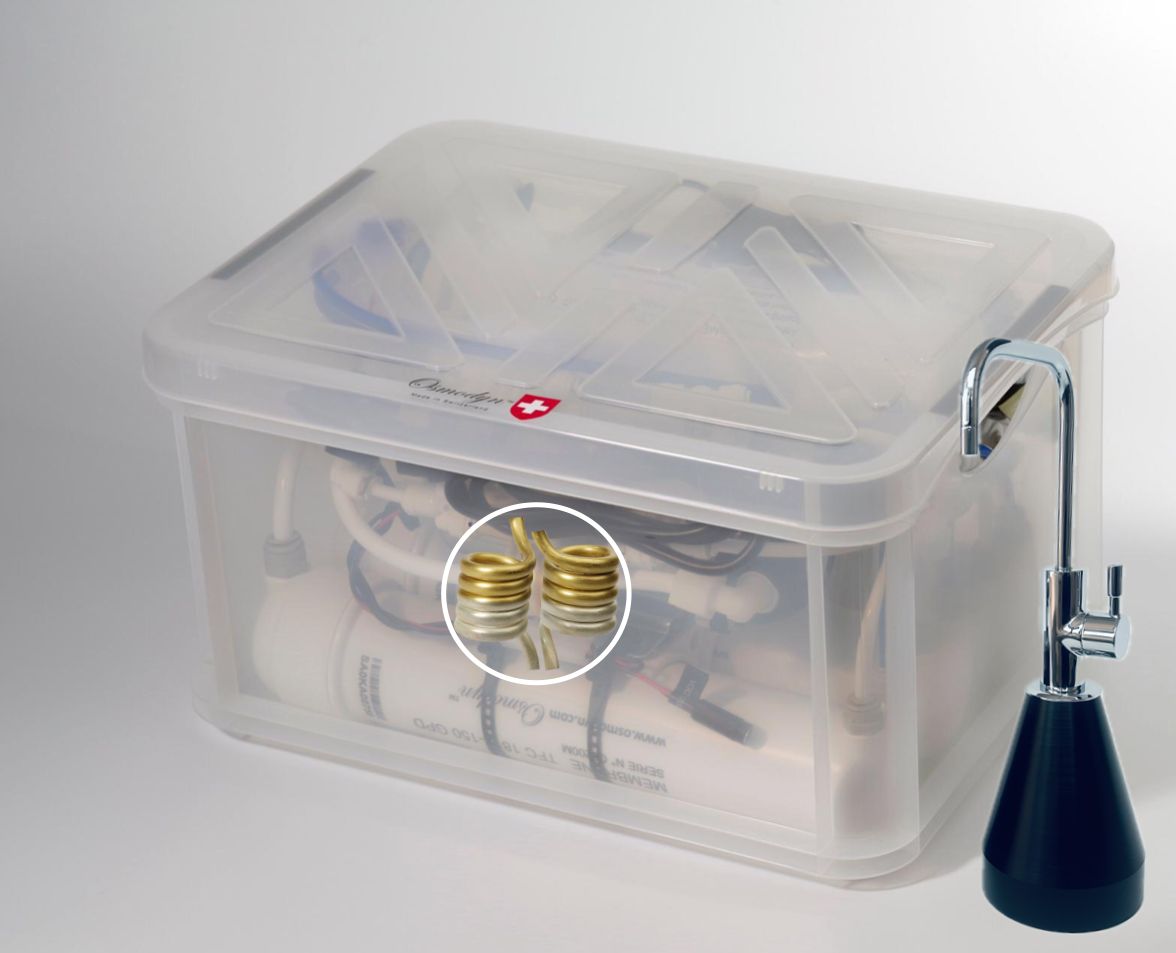 Kit osmoseur AIO Osmodyn avec robinet 1 voie mobile sans perçage, aspect chromé, support elliptique, double vortex cuivre  or argent et débit direct