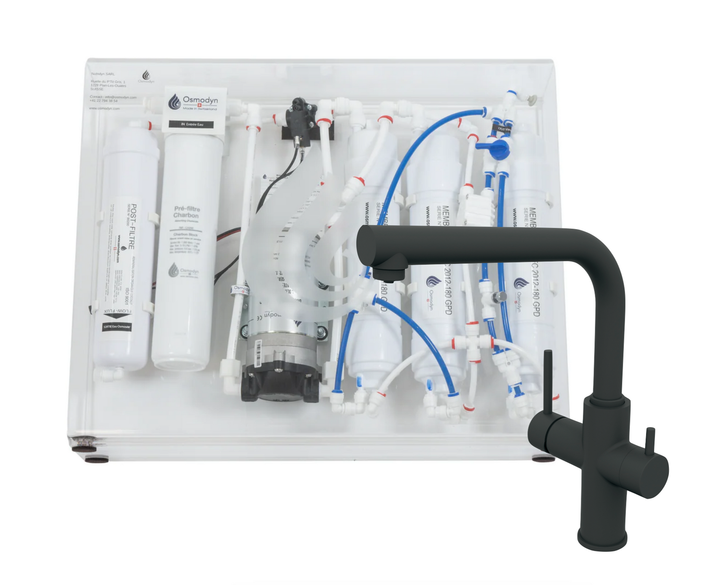 Kit osmoseur Slim Pure Osmodyn avec robinet 3 voies, aspect noir mat, double vortex verre et débit direct