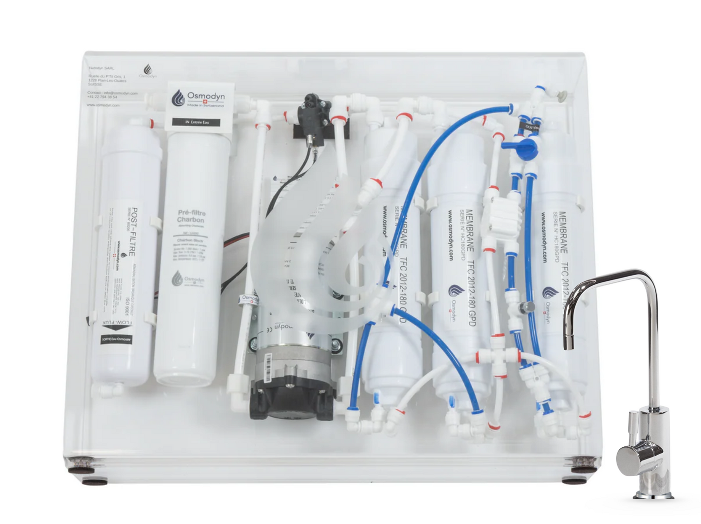 Kit osmoseur Slim Pure Osmodyn avec robinet 1 voie extra-small, double vortex verre et débit direct