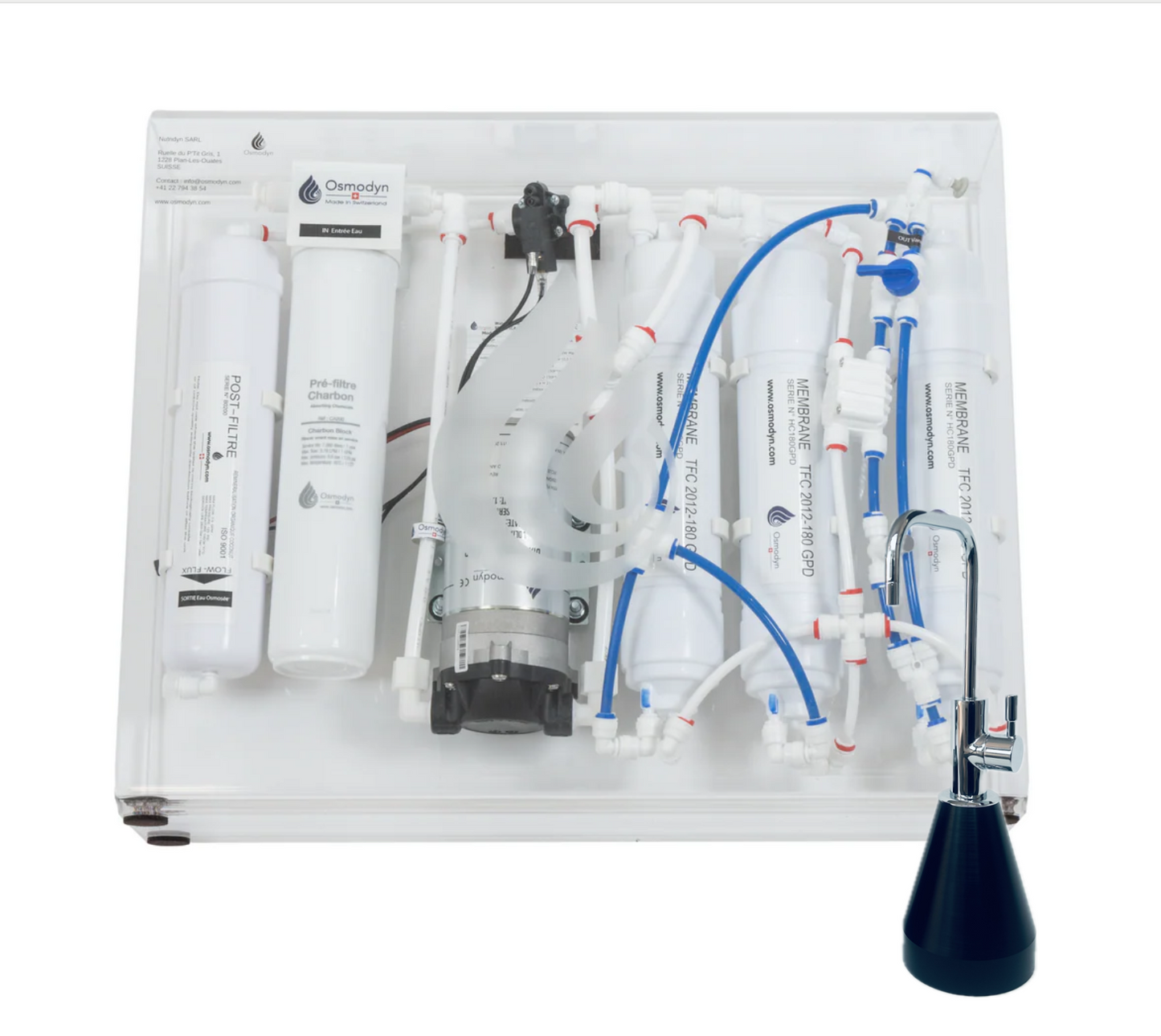 Kit osmoseur Slim Pure Osmodyn avec robinet 1 voie mobile sans perçage, aspect chromé, support élliptique, double vortex verre et débit direct