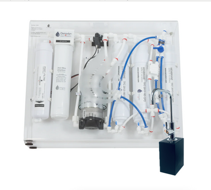 Kit osmoseur Slim Pure Osmodyn avec robinet 1 voie mobile sans perçage, aspect chromé, support quadrangulaire  double vortex verre et débit direct