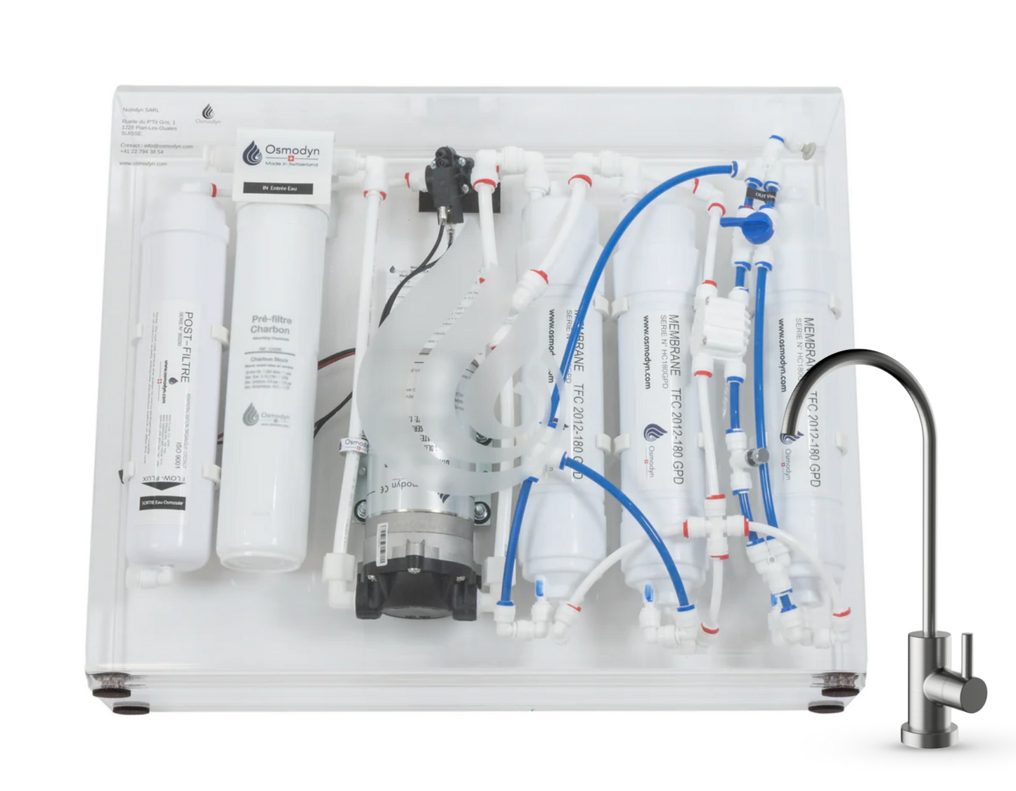 Kit osmoseur Slim Pure Osmodyn avec robinet 1 voie small mat metal free, double vortex verre et débit direct