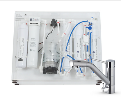 Kit osmoseur Slim Pure Osmodyn avec robinet 3 voies bas aspect chromé, double vortex verre et débit direct