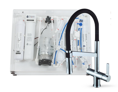 Kit osmoseur Slim Pure Osmodyn avec robinet 3 voies chef douchette, aspect chromé, double vortex verre et débit direct