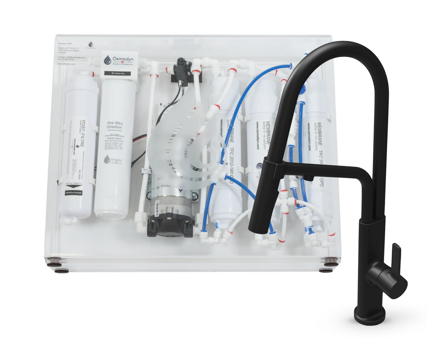 Kit osmoseur Slim Pure Osmodyn avec robinet 3 voies chef douchette, aspect noir mat, double vortex verre et débit direct