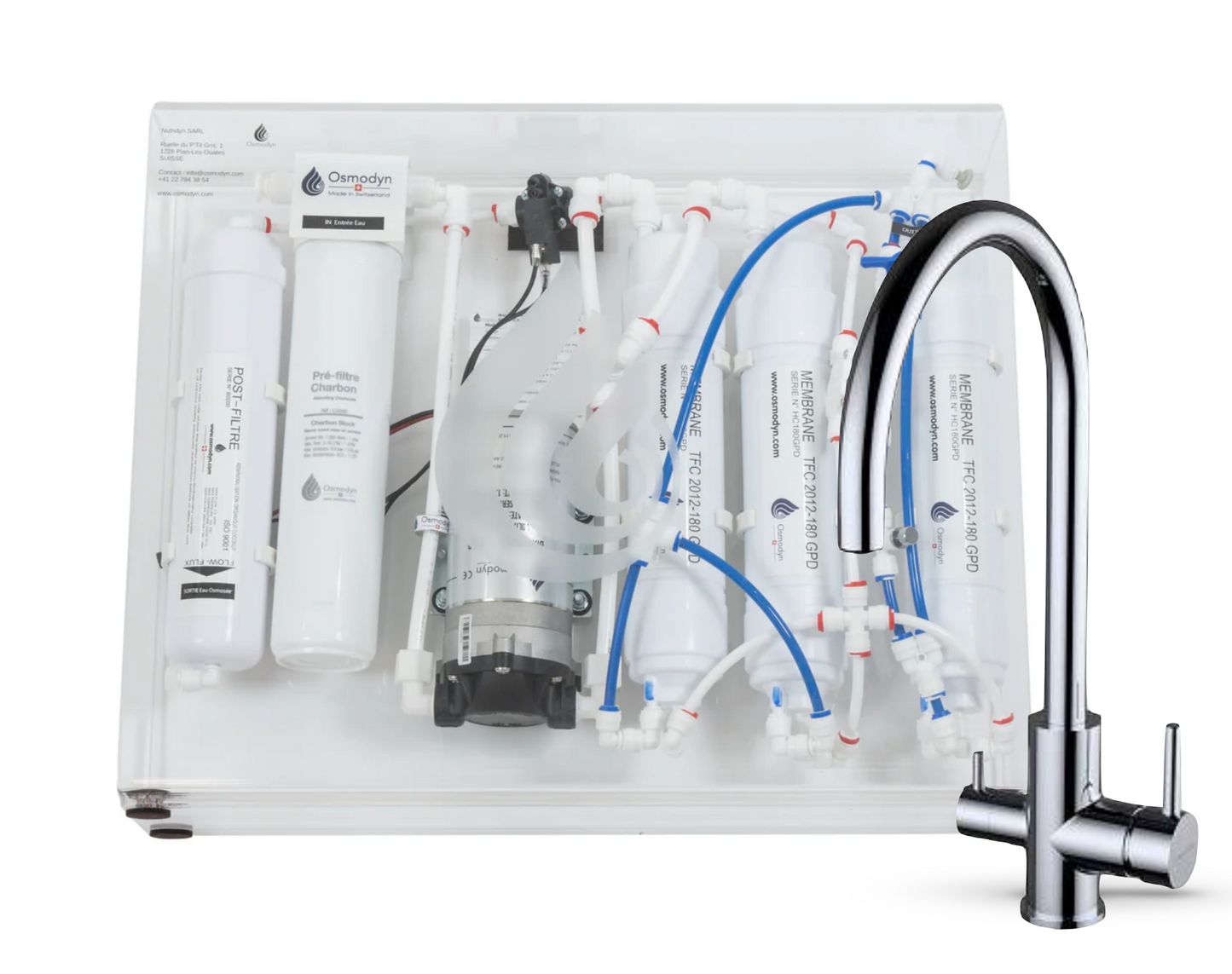 Kit osmoseur Slim Pure Osmodyn avec robinet 3 voies col de cygne aspect chromé, double vortex verre et débit direct