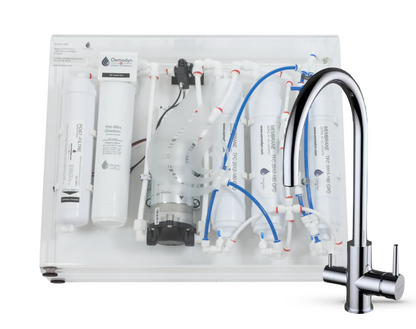Kit osmoseur Slim Pure Osmodyn avec robinet 3 voies col de cygne aspect chromé, double vortex verre et débit direct