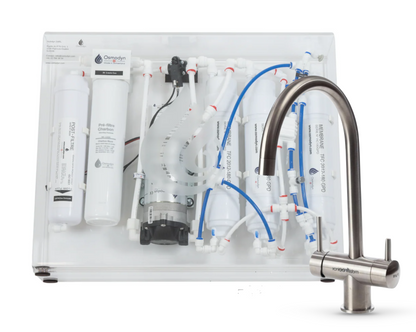 Kit osmoseur Slim Pure Osmodyn avec robinet 3 voies col de cygne, aspect mat brossé, metal free, double vortex verre et débit direct