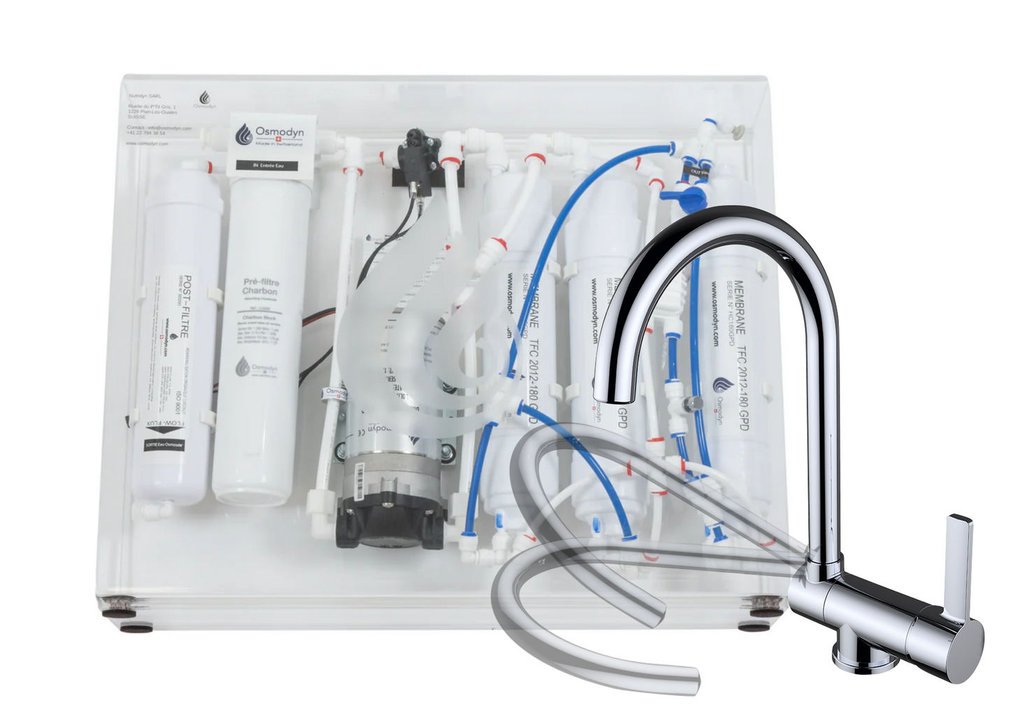 Kit osmoseur Slim Pure Osmodyn avec robinet 3 voies rabattable devant fenêtre, double vortex verre et débit direct