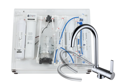 Kit osmoseur Slim Pure Osmodyn avec robinet 3 voies rabattable devant fenêtre, double vortex verre et débit direct