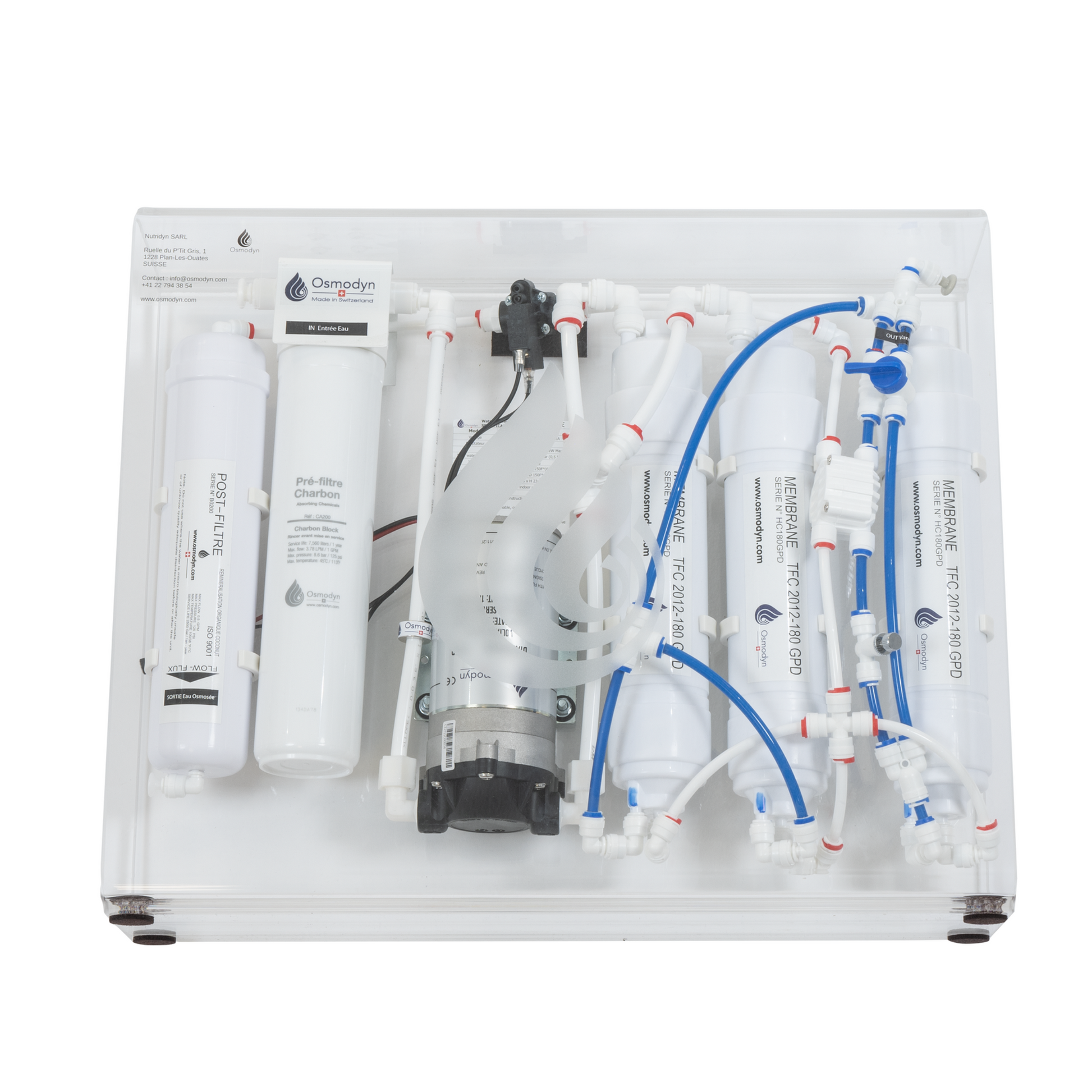 Osmoseur Osmodyn Slim-Pure extra-plat en coffret transparent, double vortex verre, vue de face