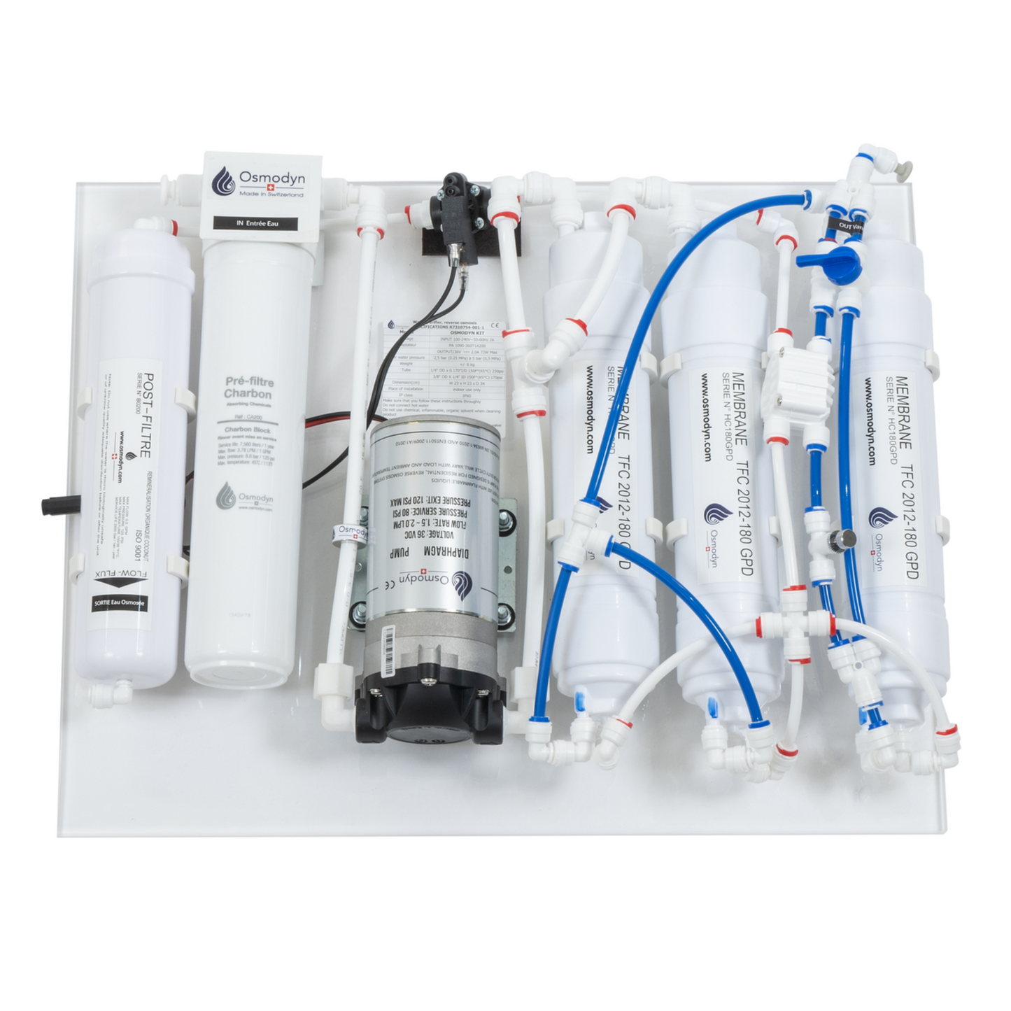 Osmoseur Osmodyn Slim-Pure extra-plat, vue dessus des composants et raccords