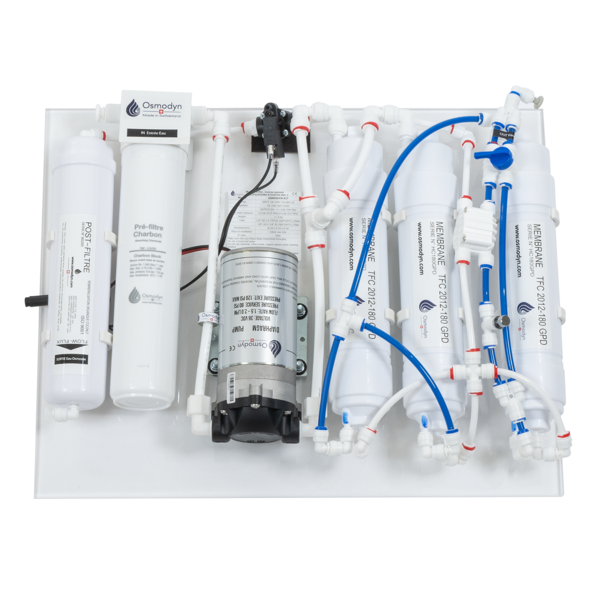 Osmoseur Osmodyn Slim-Pure extra-plat, vue dessus des composants et raccords