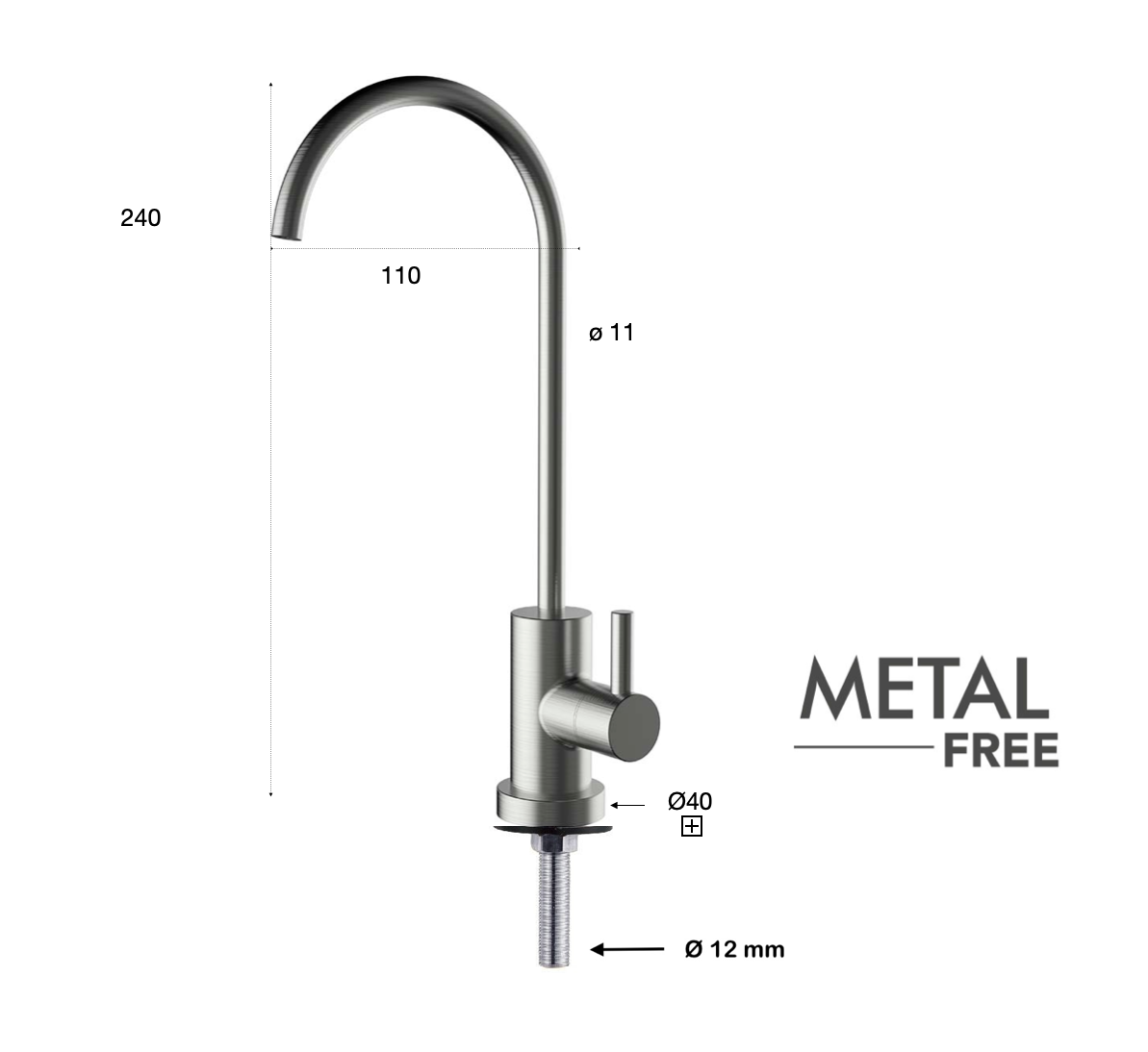 Robinet 1 voie Osmodyn Mat Small Metal Free, pour osmoseur, dimensions