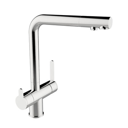 Robinet 3 voies douchette extractible aspect acier pour eau osmosée et eau du réseau