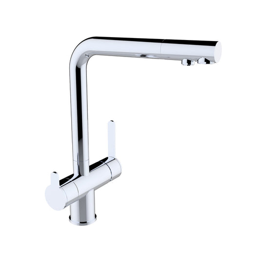 Robinet 3 voies douchette extractible, aspect chromé  osmodyn, pour eau osmosée et eau du réseau