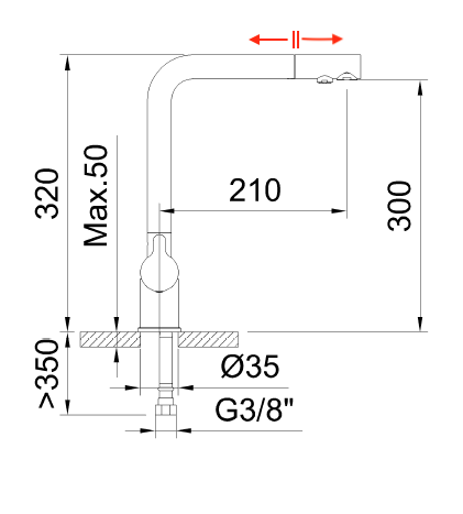 Robinet 3 voies extractible osmodyn, dimensions