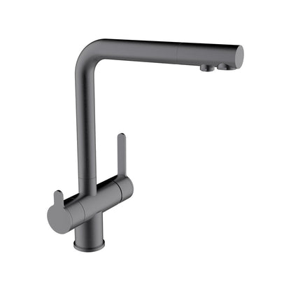 Robinet 3 voies  douchette extractible grunmetal brossé pour eau osmosée et eau du réseau