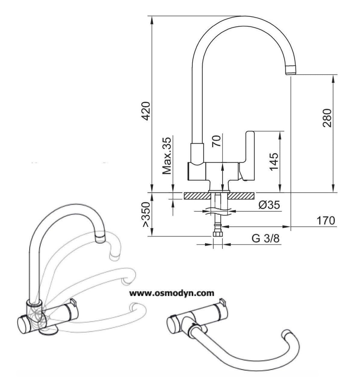 robinet mitigeur 3 voies rabattable pour osmoseur