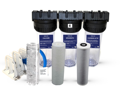 Station de filtration trio eau de ville, Osmodyn, 10 pouces, calcaire, sediment, charbon actif