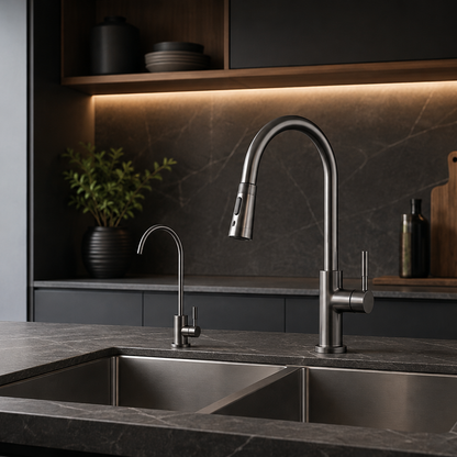 Visuel dans cuisine du  robinet 1  voie  aspect Gun Metal
